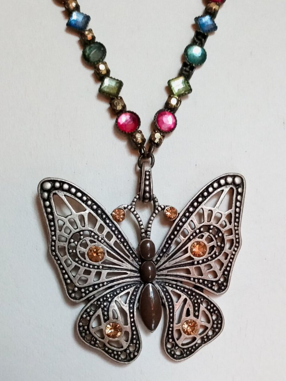 Vintage Filigree Butterfly Pendant Necklace Whimsical Multi-Color Crystals